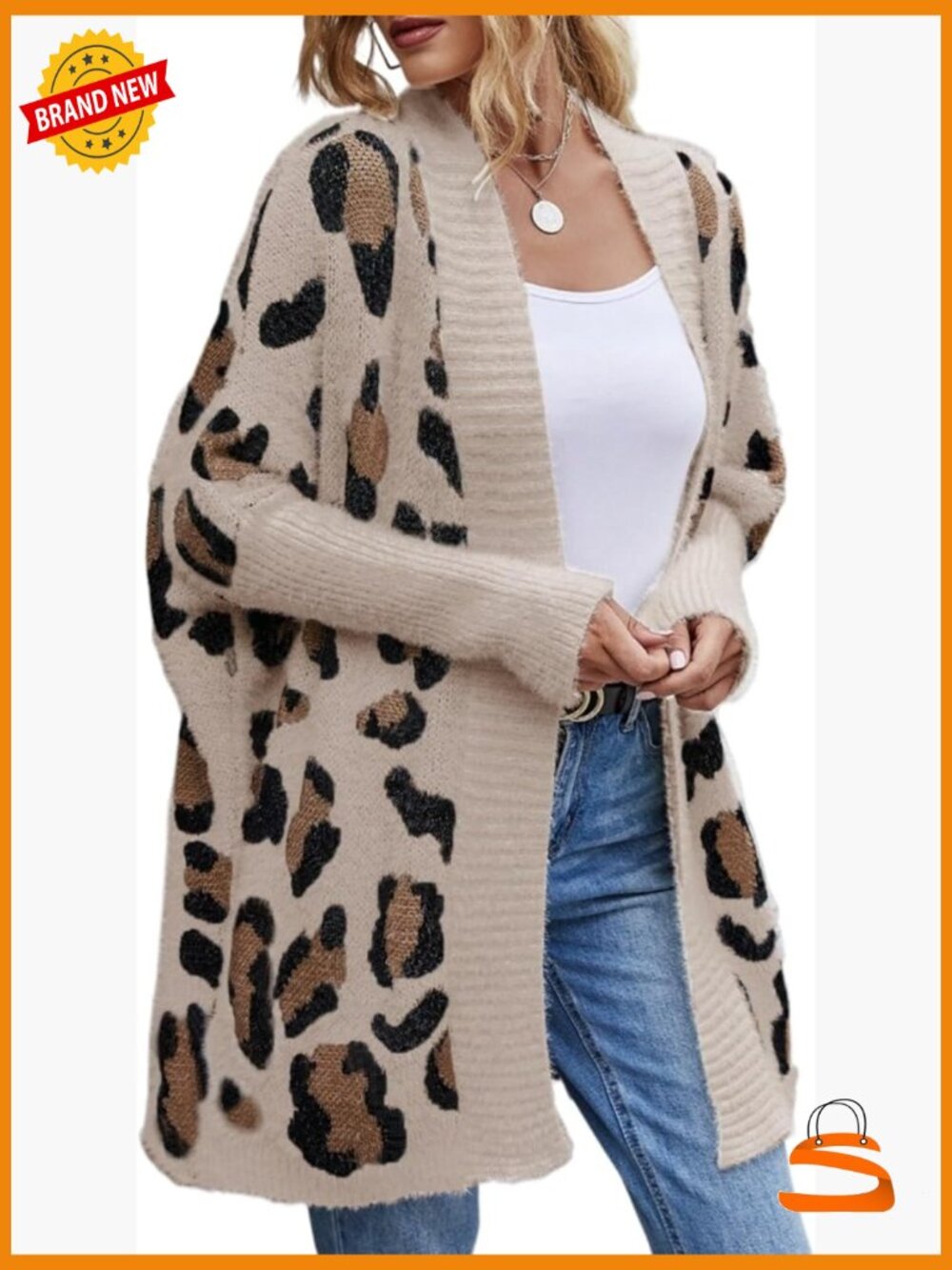 Open Front Knitted Fuzzy Leopard Print Long Kimono Cardigan